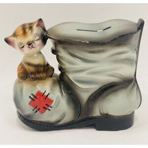 Vintage Ceramaster Tabby Cat on Boot Coin Bank 4.75x5.75x3” Kitten Japanese